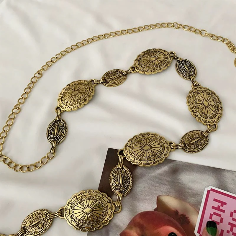 Vintage Ethnic Carved Bohemian Chain Belt Metal Chain - Image 7