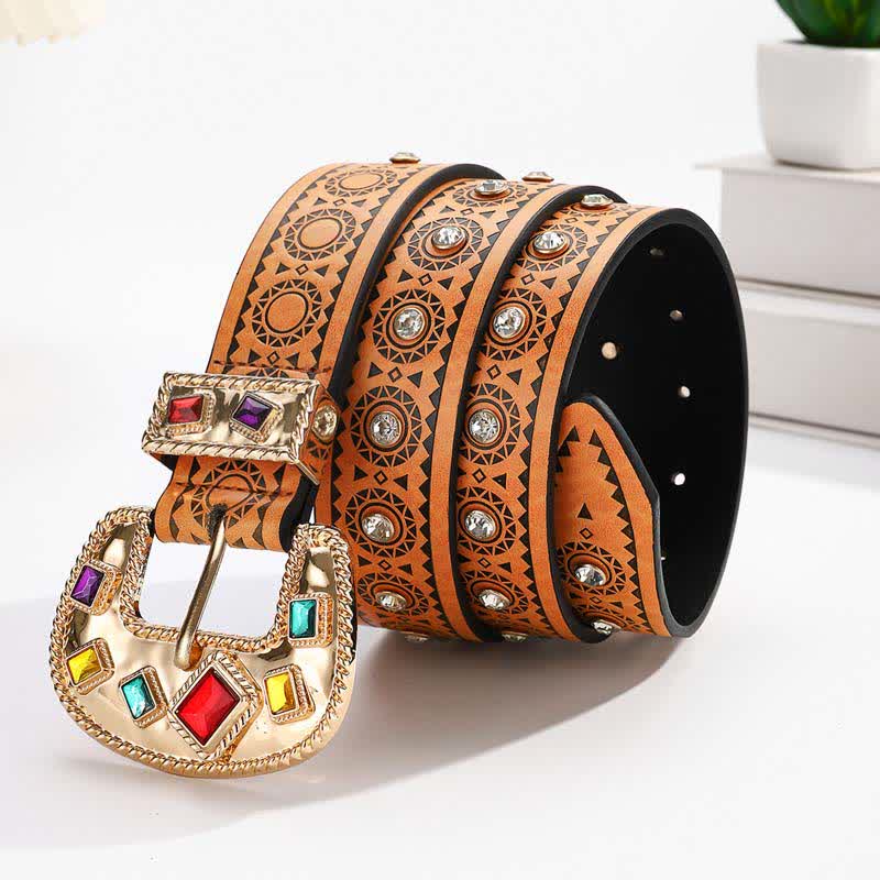 Vintage Exotic Metal Inlaid Artificial Diamonds Leather Belt - Image 2