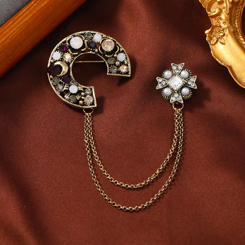 Vintage Gem-Adorned Crescent Double-Chain Gold Accent Brooch - Image 5