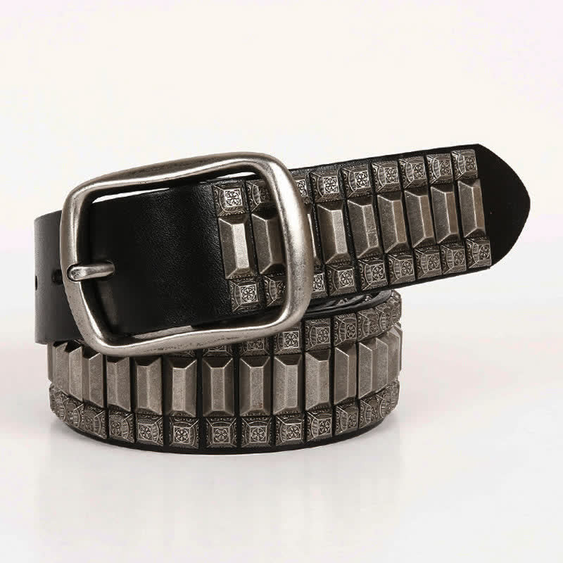 Vintage Geometric Metal Rivet Studded Leather Belt - Image 11