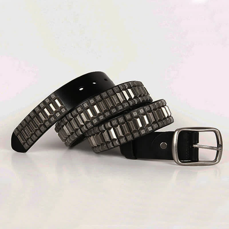 Vintage Geometric Metal Rivet Studded Leather Belt - Image 12