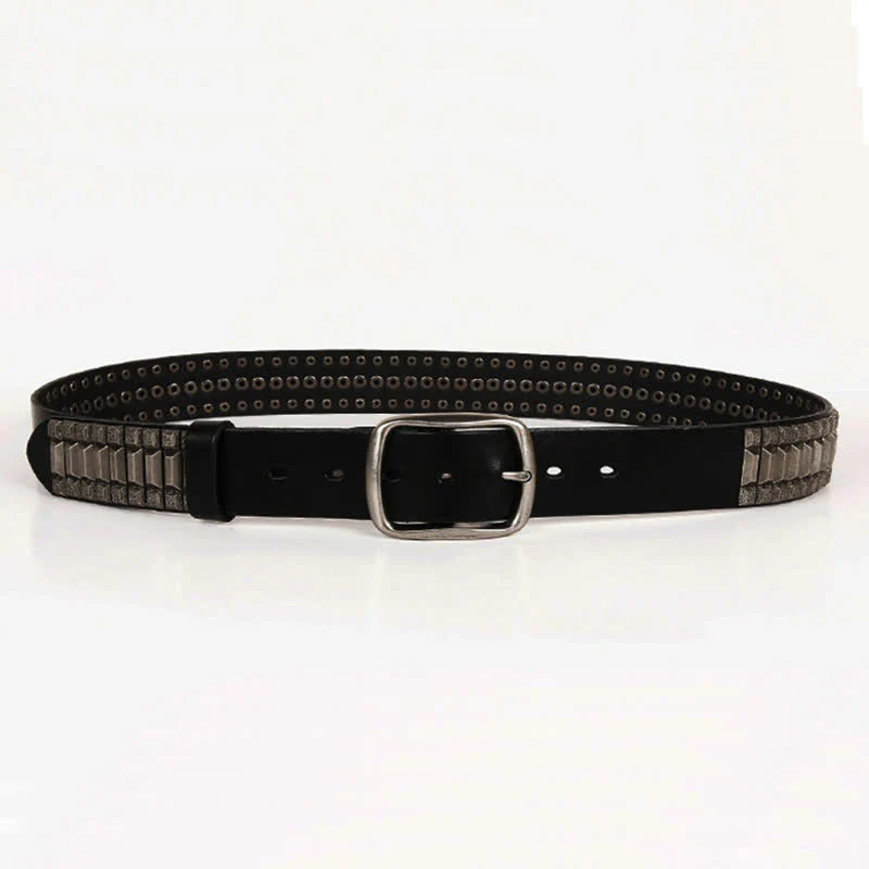 Vintage Geometric Metal Rivet Studded Leather Belt - Image 13