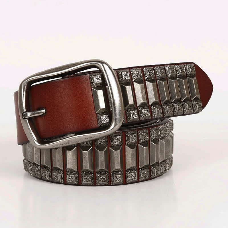 Vintage Geometric Metal Rivet Studded Leather Belt - Image 21