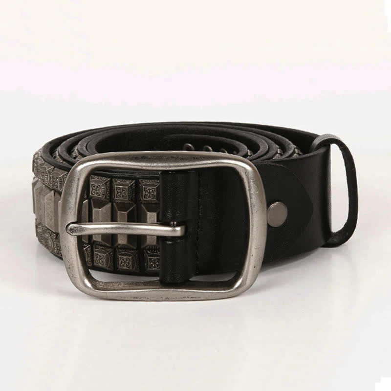 Vintage Geometric Metal Rivet Studded Leather Belt - Image 3