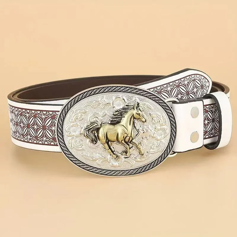 Vintage Gold Horse-Carved Buckle Geometric Dark-Trim Leather Belt