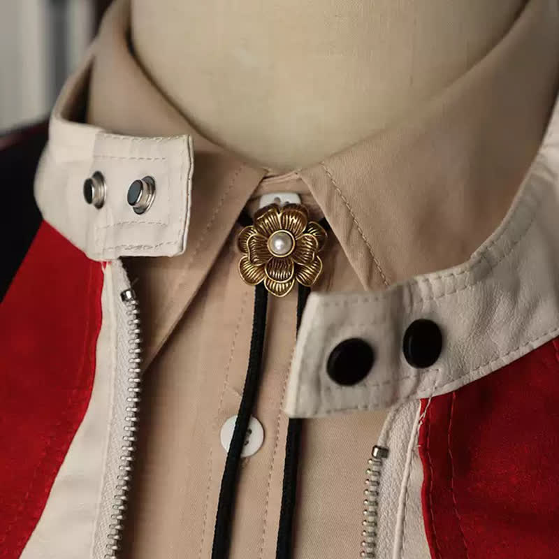 Vintage Gold Little Flower Faux Pearl Bolo Tie - Image 2