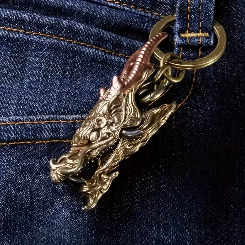 Vintage Intricate Two-Tone Dragon Head Clip Keychain