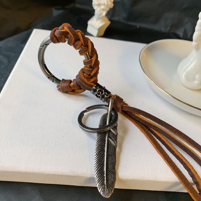 Vintage Metal Feather Braided Leather Tassel Keychain - Image 5