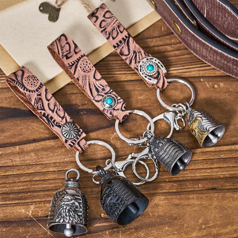 Vintage Motorcycle Eagle Bell Embossed Leather Keychain