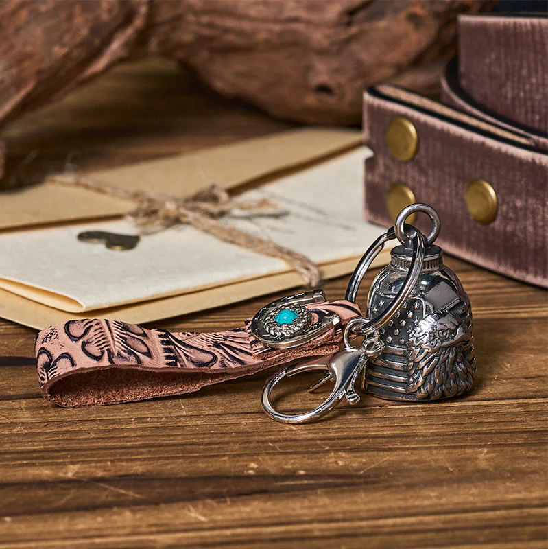 Vintage Motorcycle Eagle Bell Embossed Leather Keychain - Image 2