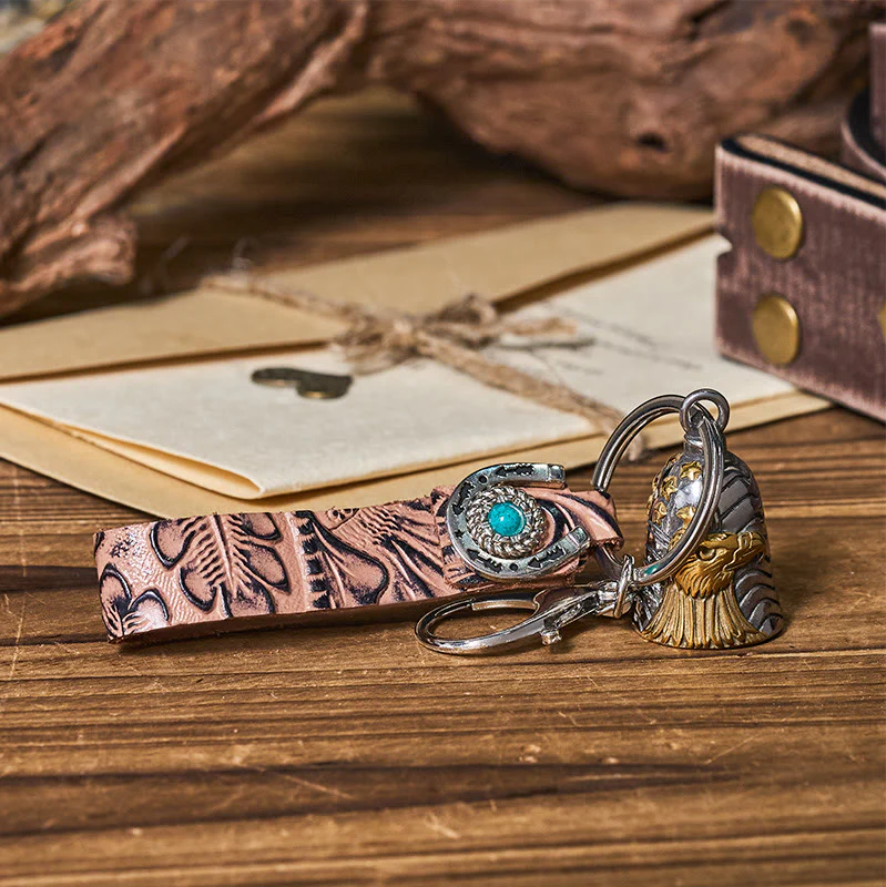 Vintage Motorcycle Eagle Bell Embossed Leather Keychain - Image 6
