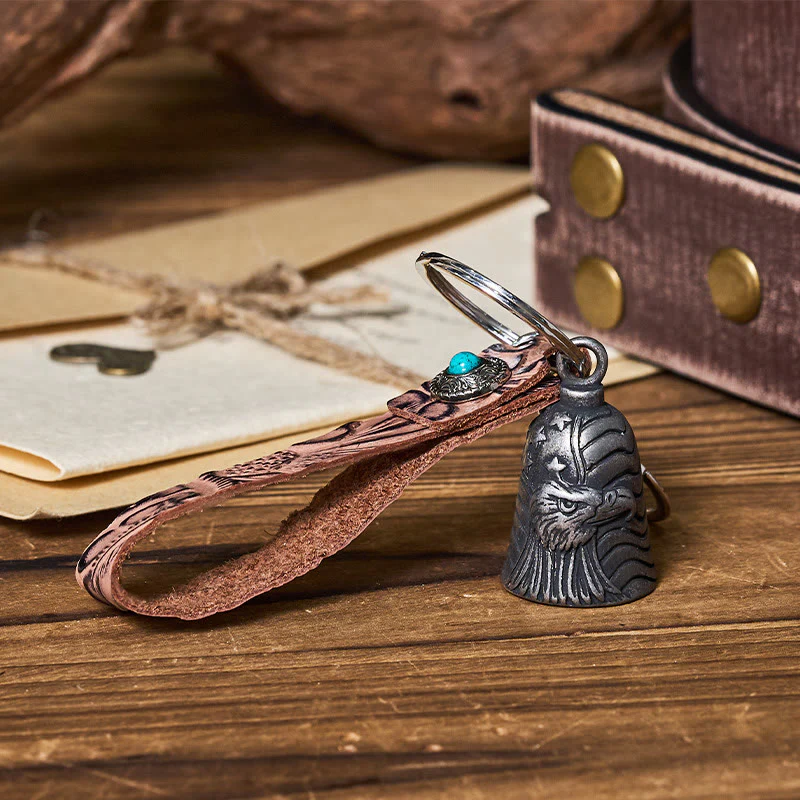 Vintage Motorcycle Eagle Bell Embossed Leather Keychain - Image 8