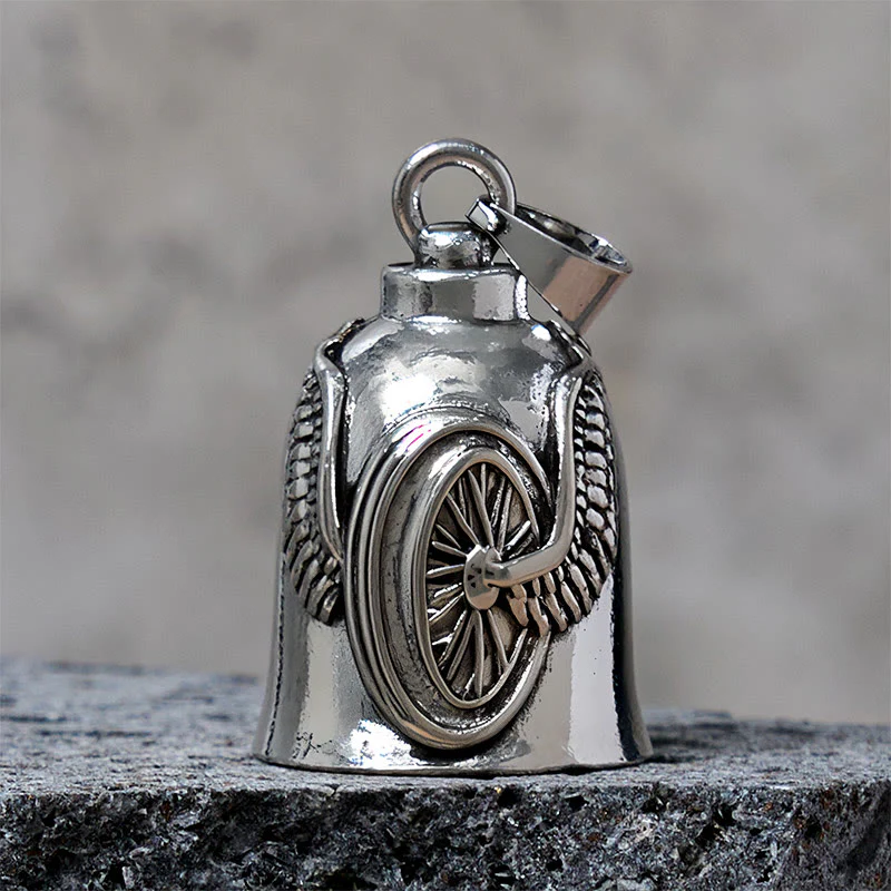 Vintage Motorcycle Tire Wing Bell Keychain - Image 2