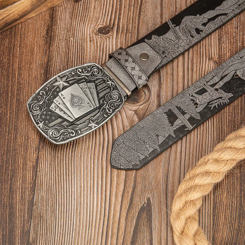 Vintage Poker Buckle Bear & Deer Printed Leather Belt - Image 4