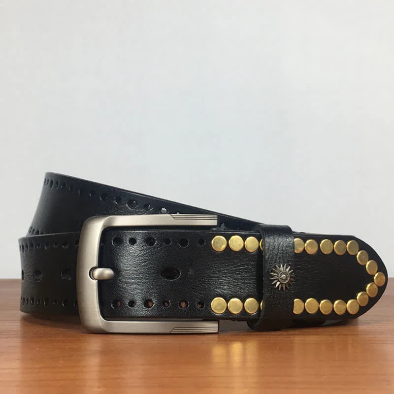 Vintage Retro Bronze Circle Rivets Studded Leather Belt - Image 10