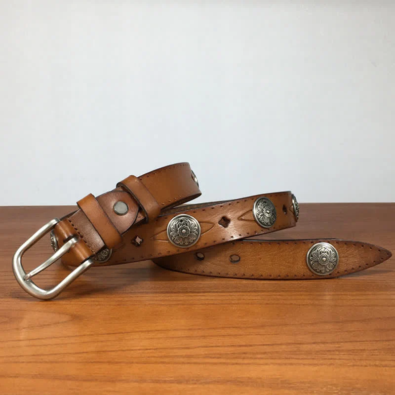 Vintage Round Carving Flower Rivet Leather Belt - Image 2