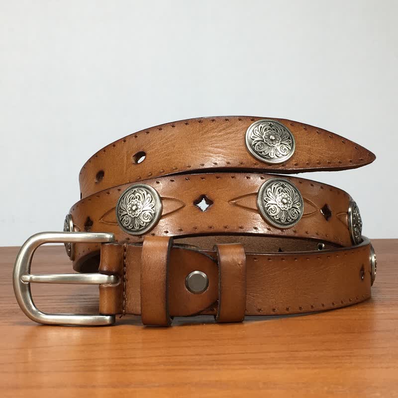 Vintage Round Carving Flower Rivet Leather Belt - Image 3