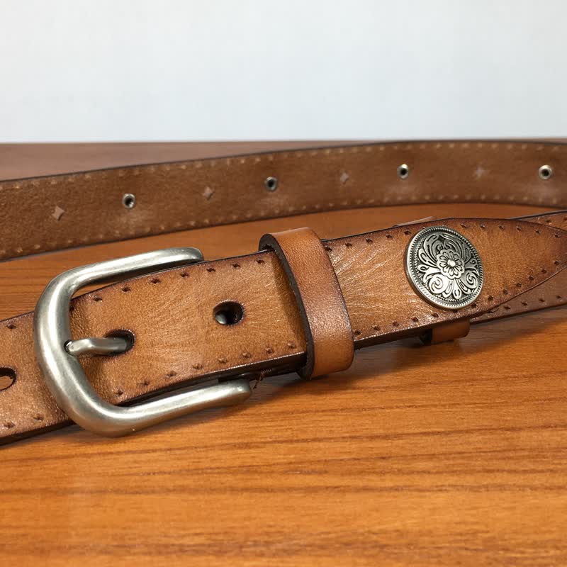 Vintage Round Carving Flower Rivet Leather Belt - Image 6