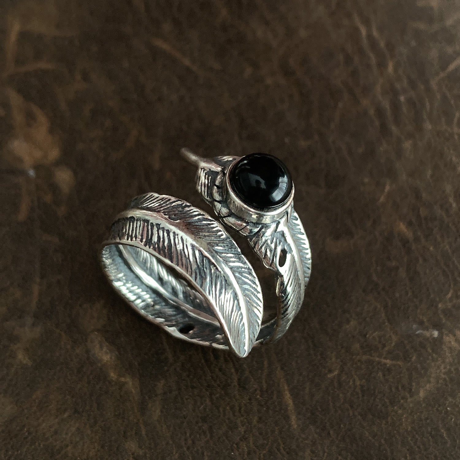 Vintage Silver Enamel Black Dropped Feather Ring