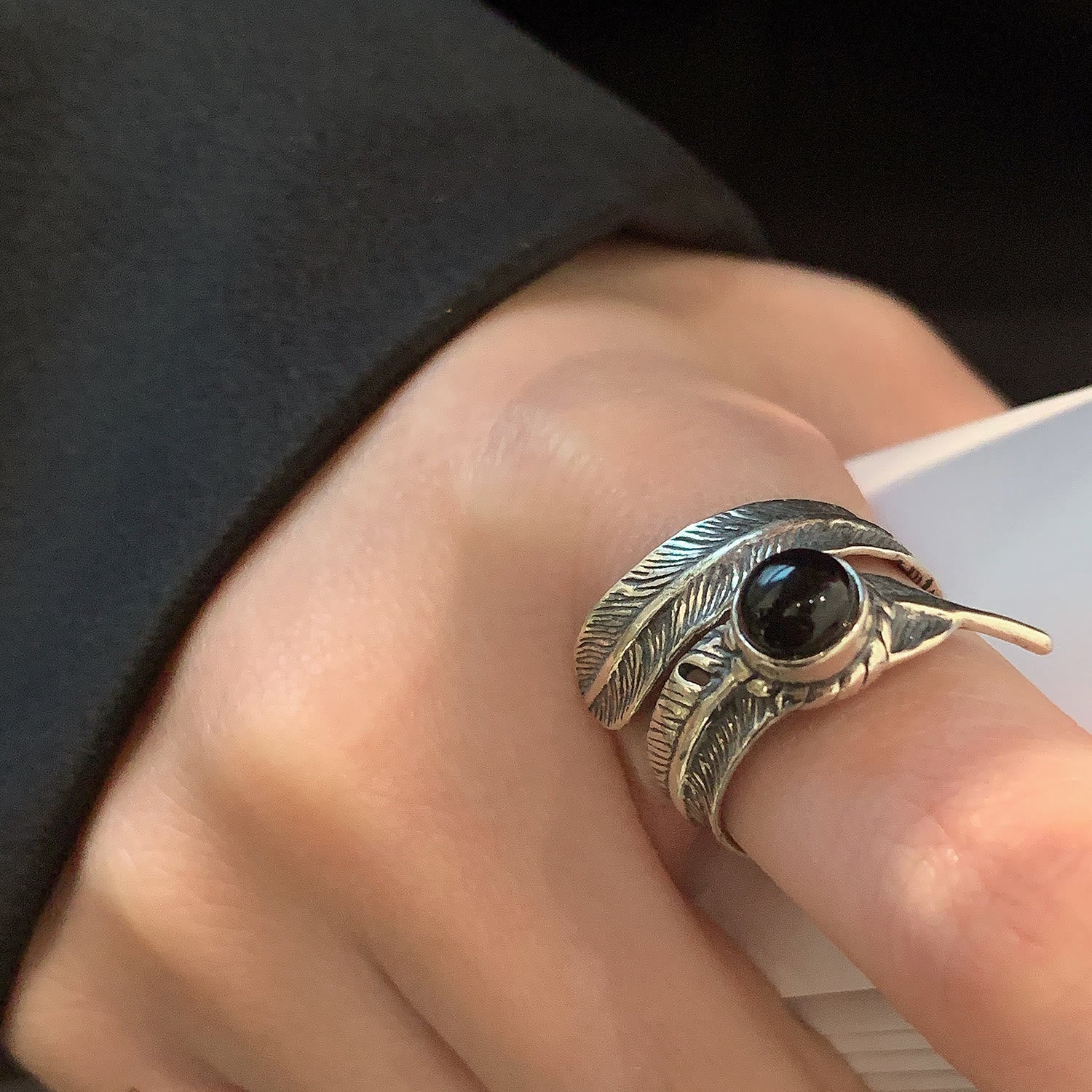 Vintage Silver Enamel Black Dropped Feather Ring - Image 2