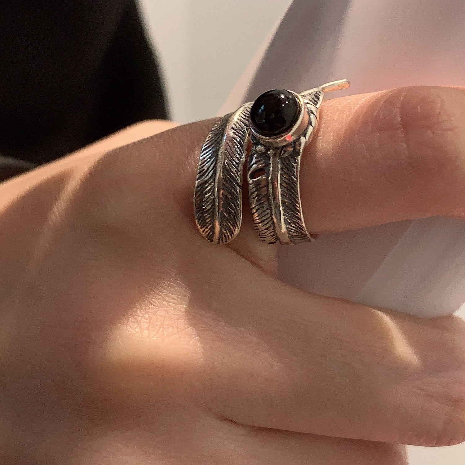 Vintage Silver Enamel Black Dropped Feather Ring - Image 3