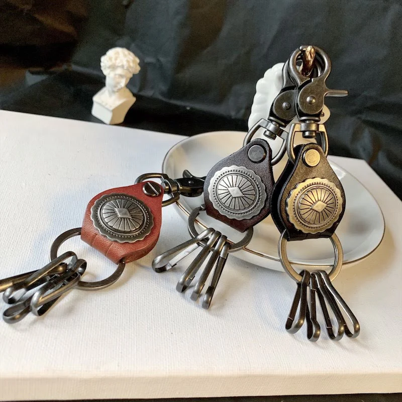 Vintage Silver Round Leather Keychain With Pendant