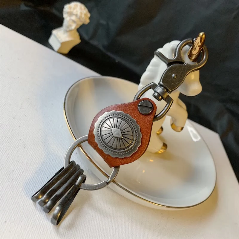 Vintage Silver Round Leather Keychain With Pendant - Image 3