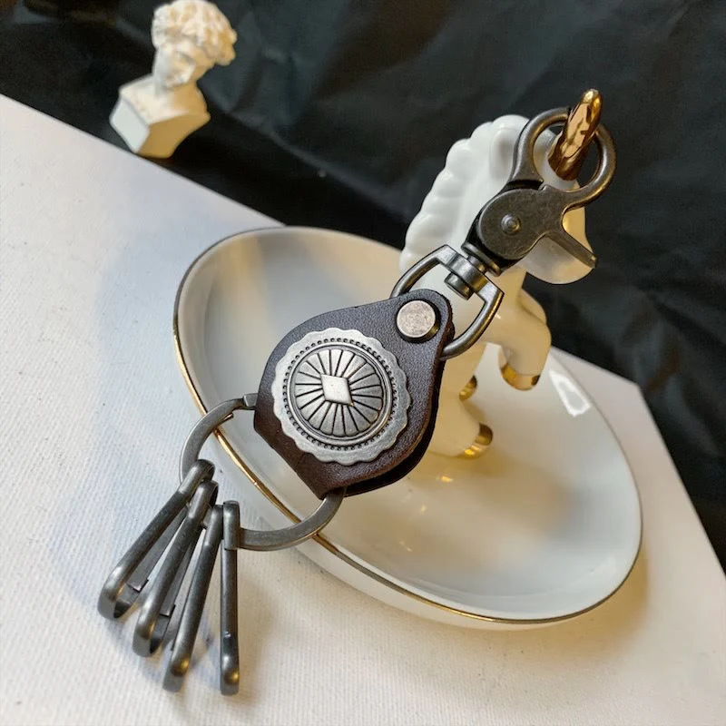 Vintage Silver Round Leather Keychain With Pendant - Image 5