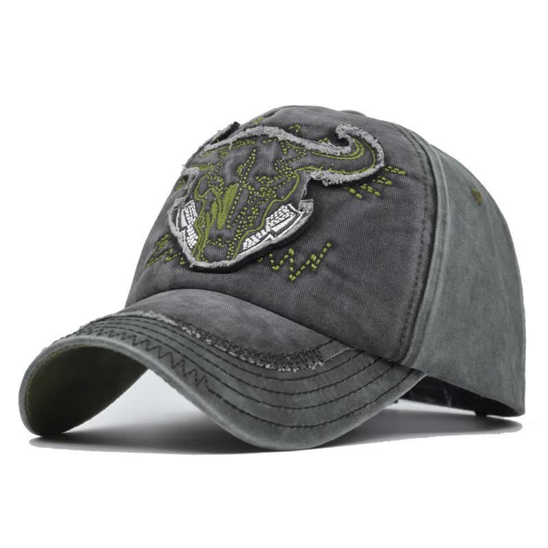 Vintage Street Style Embroidered Bull Washed Baseball Cap - Image 3