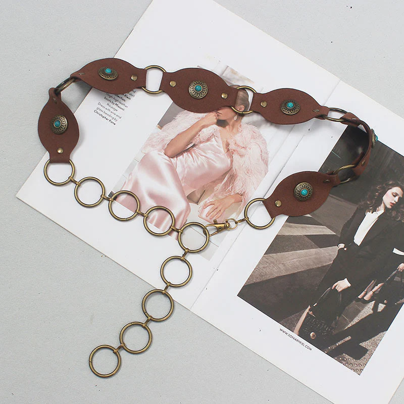 Vintage Turquoise Rivet Belt Metal Clasp Leather Belt - Image 16