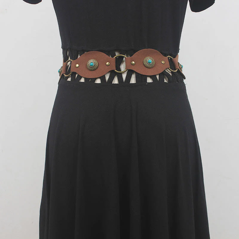 Vintage Turquoise Rivet Belt Metal Clasp Leather Belt - Image 3