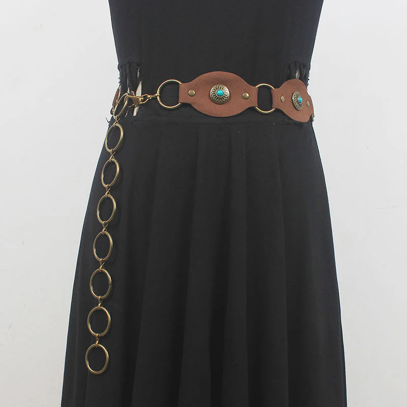 Vintage Turquoise Rivet Belt Metal Clasp Leather Belt - Image 5