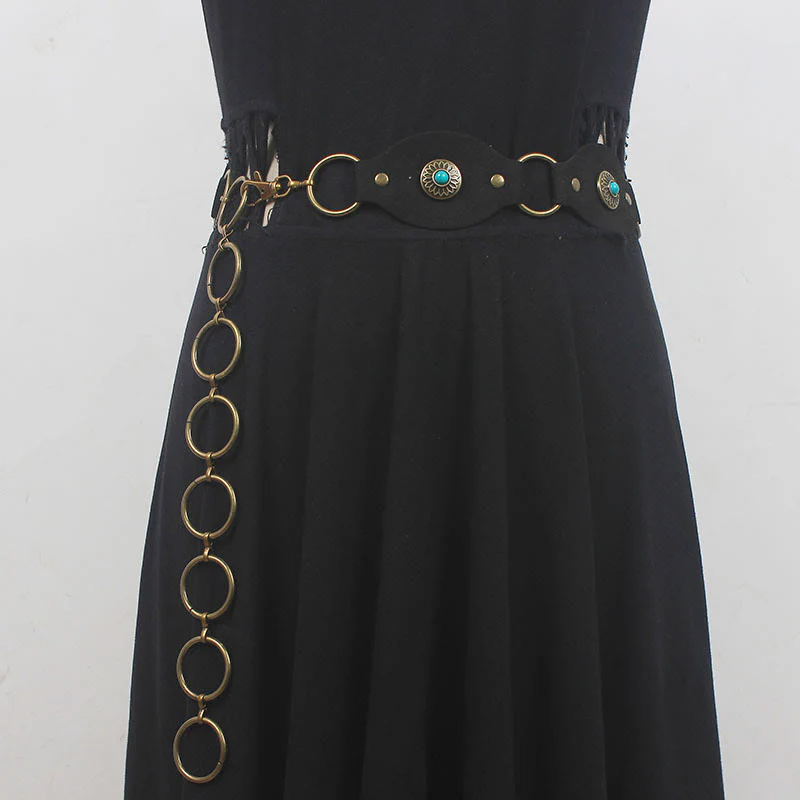 Vintage Turquoise Rivet Belt Metal Clasp Leather Belt - Image 6