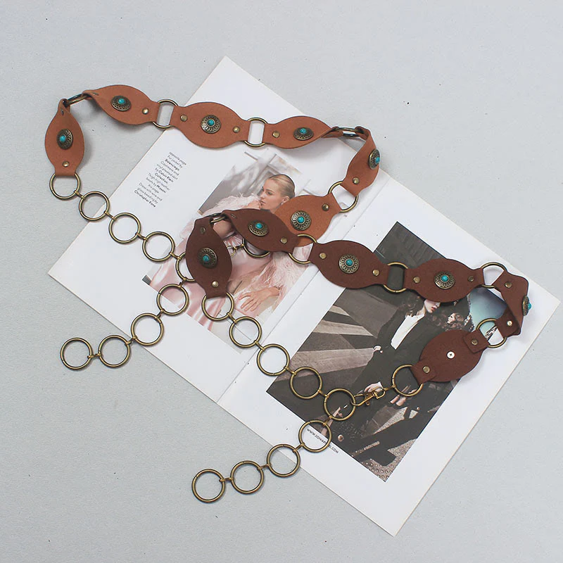 Vintage Turquoise Rivet Belt Metal Clasp Leather Belt - Image 7