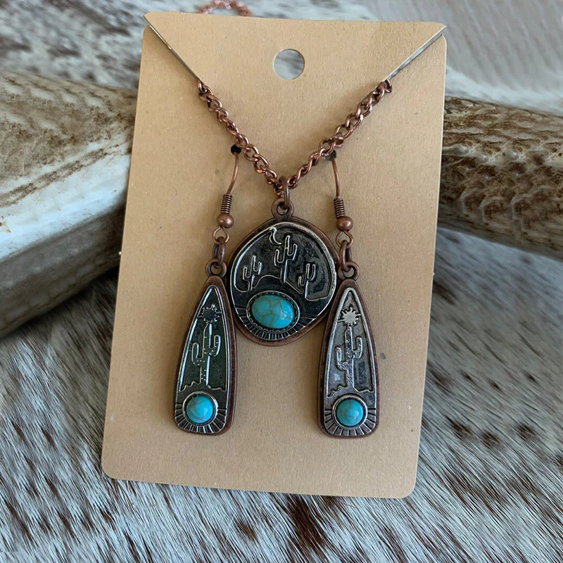 Vintage Water Drop Round Cactus With Turquoise Earrings Necklace - Image 2