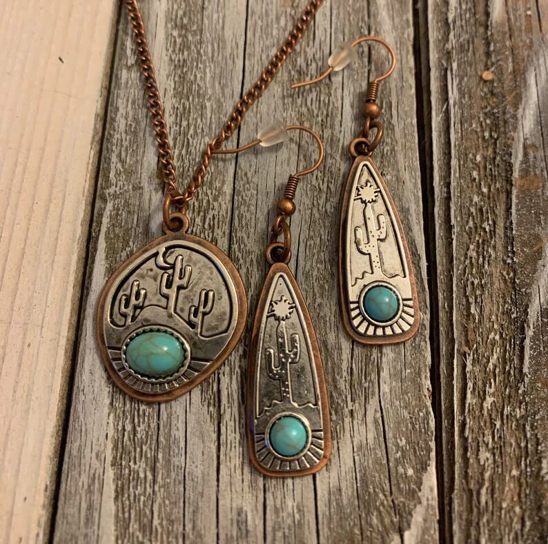 Vintage Water Drop Round Cactus With Turquoise Earrings Necklace - Image 3