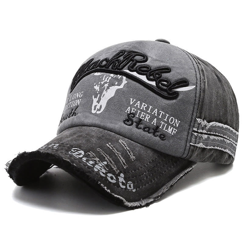 Vintage Western Style Worn-out Longhorned Bullhead Baseball Cap