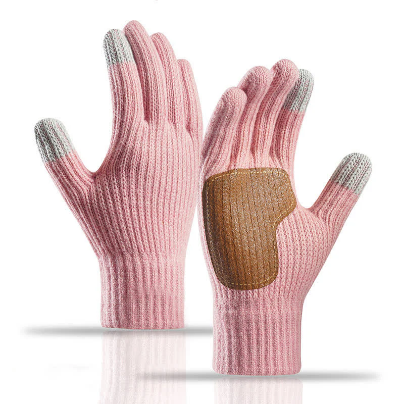 Warm Anti-Slip Leather Palm Patch Knitted Gloves - Image 13