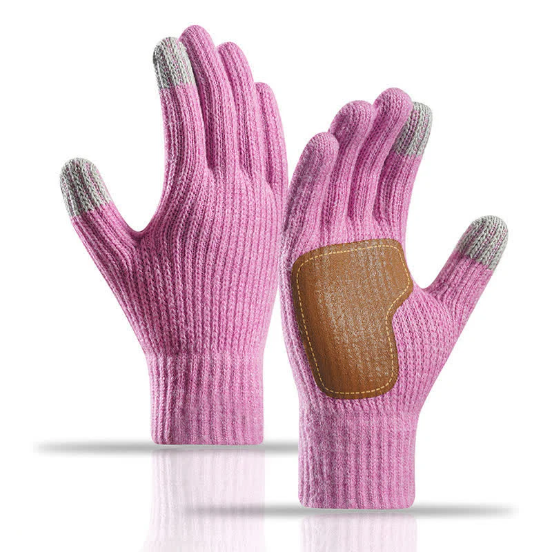 Warm Anti-Slip Leather Palm Patch Knitted Gloves - Image 17