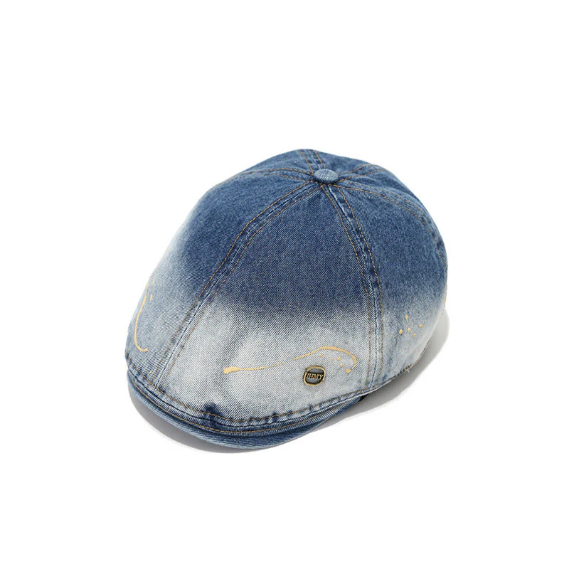 Washed Gradient Distressed Artist Denim Beret Hat - Image 2