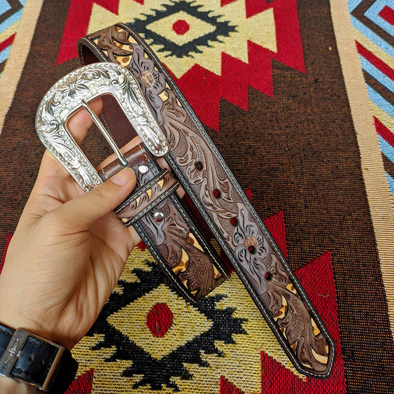 Western Brown & Yellow Carved Flower Buckle Leather Belt - Image 10