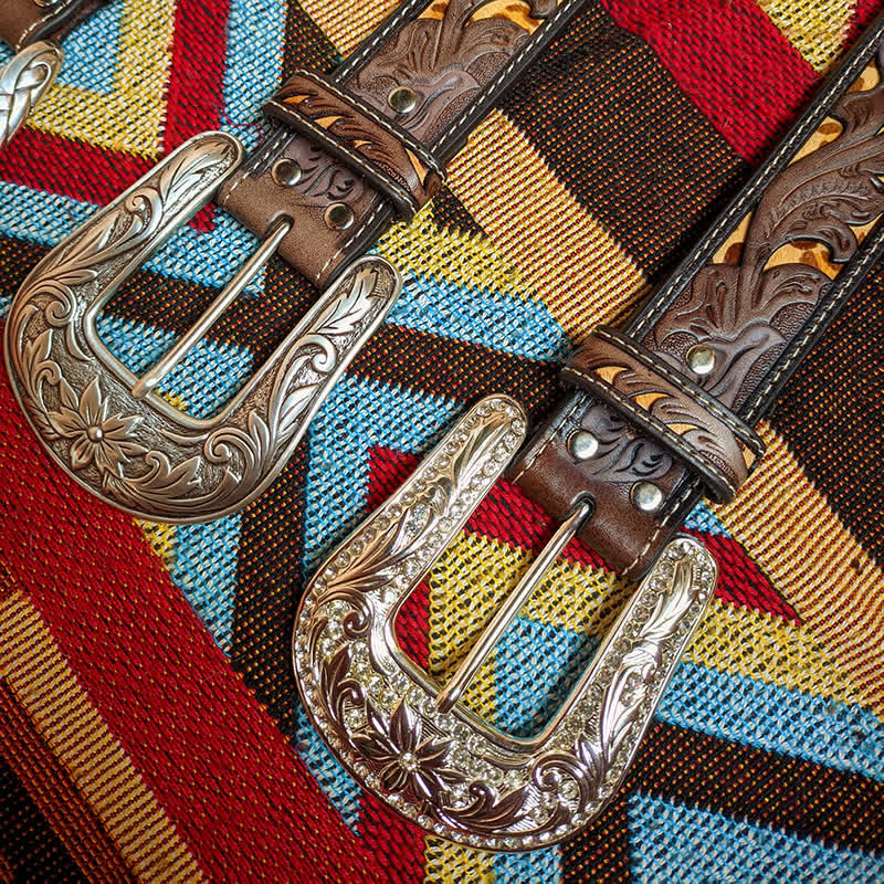 Western Brown & Yellow Carved Flower Buckle Leather Belt - Image 11