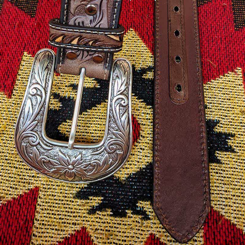 Western Brown & Yellow Carved Flower Buckle Leather Belt - Image 12