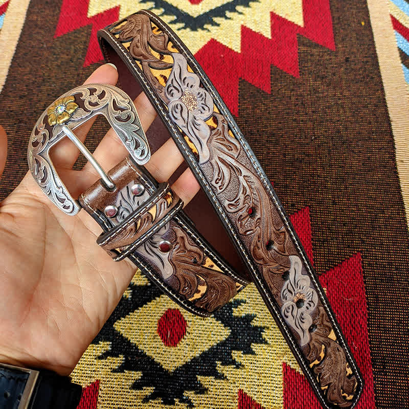 Western Brown & Yellow Carved Flower Buckle Leather Belt - Image 4