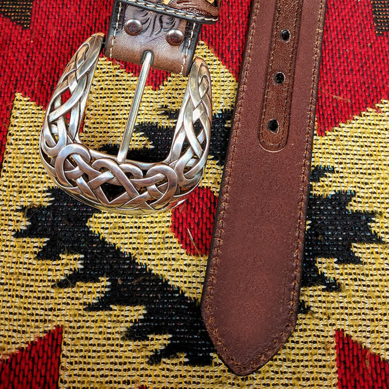 Western Brown & Yellow Carved Flower Buckle Leather Belt - Image 7