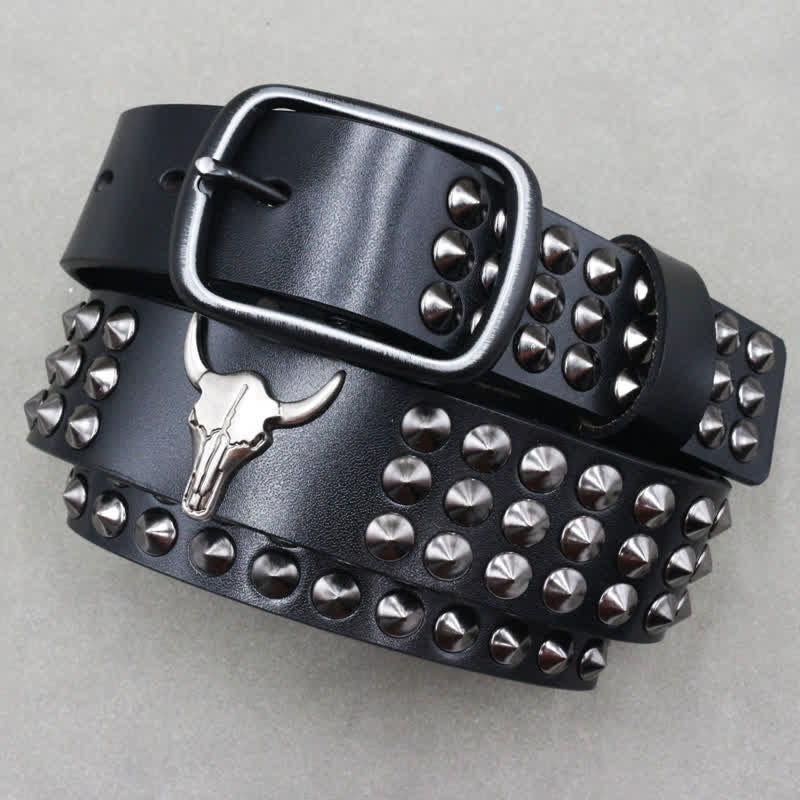 Western Bull Head Rivets Three Rows Studded Leather Belt - Image 2