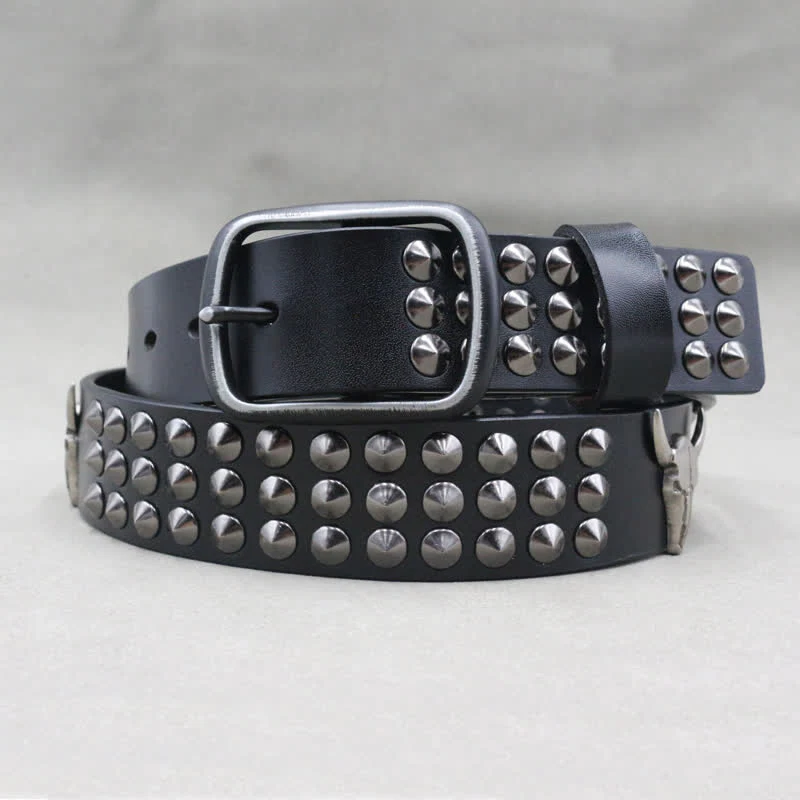 Western Bull Head Rivets Three Rows Studded Leather Belt - Image 3