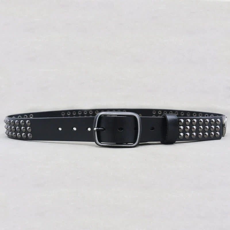 Western Bull Head Rivets Three Rows Studded Leather Belt - Image 5