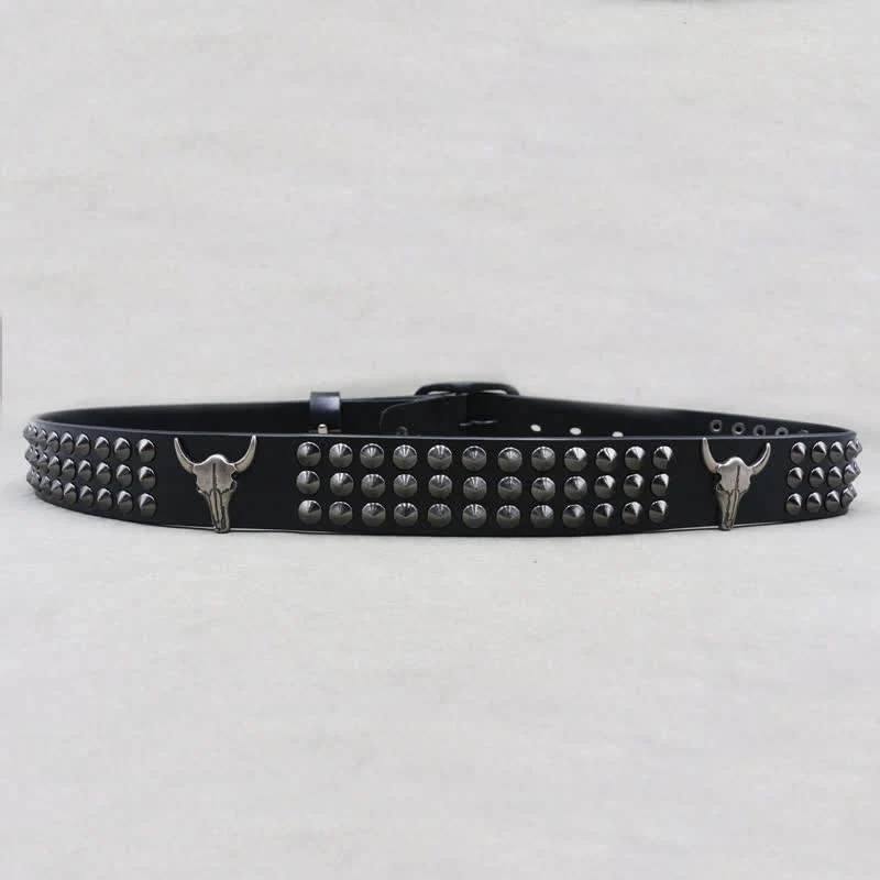 Western Bull Head Rivets Three Rows Studded Leather Belt - Image 6