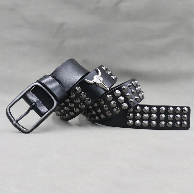 Western Bull Head Rivets Three Rows Studded Leather Belt - Image 7
